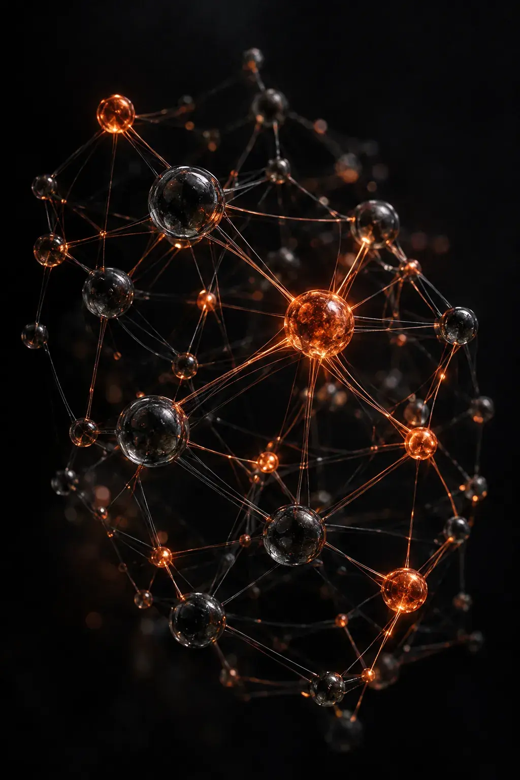 Glass nodes connected by glowing filaments, representing wallet relationships in a transaction graph