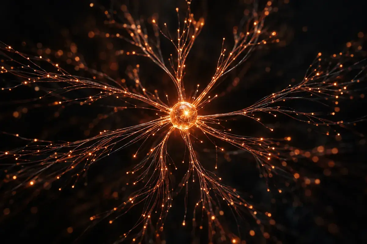 A bright orb at the center of branching fibre strands, representing insight drawn from a graph