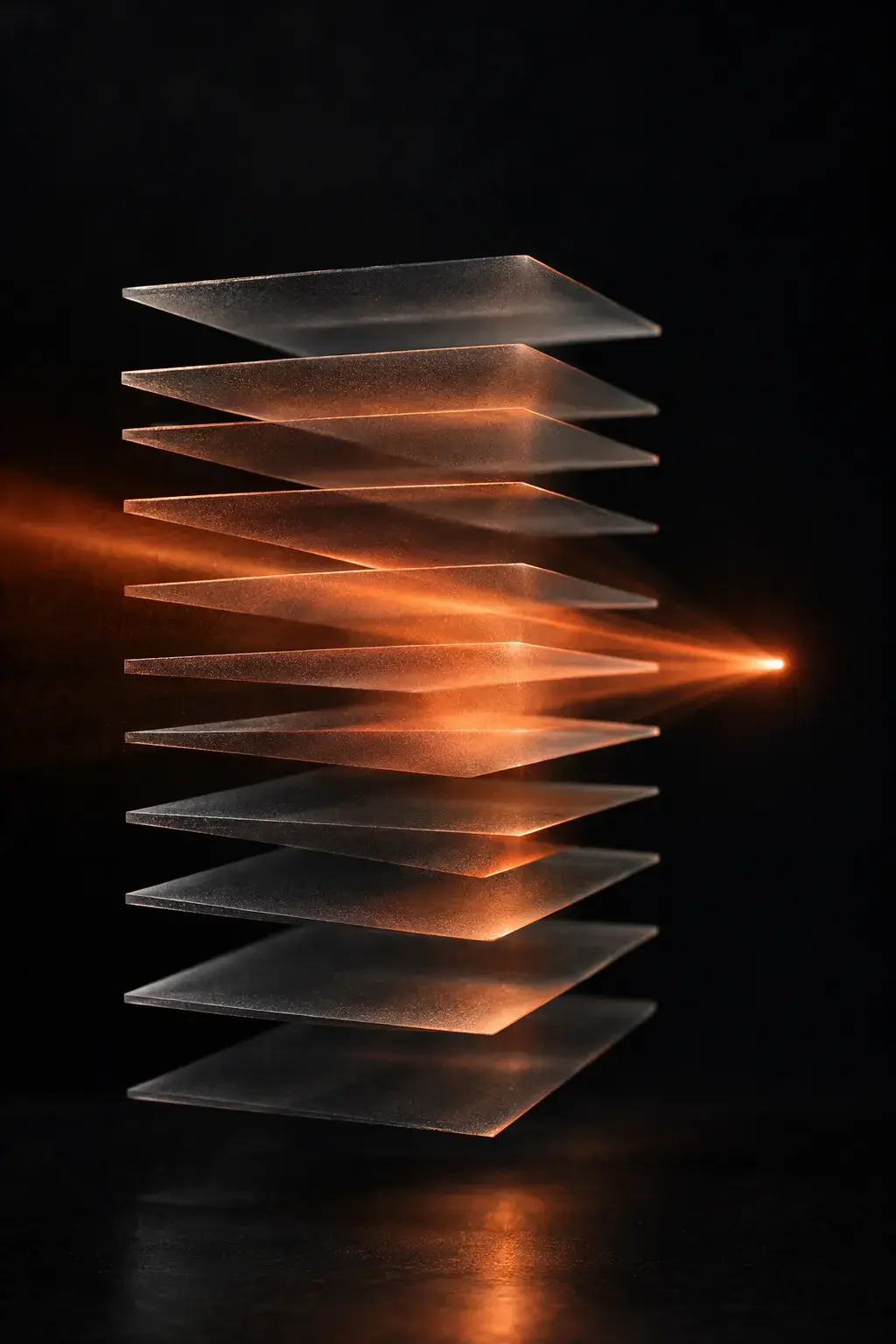 Layered glass sheets with a copper light beam passing through, representing retrieval across documents
