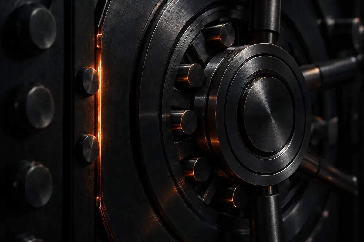 Machined steel vault rings with copper light leaking through a seam, representing encrypted storage